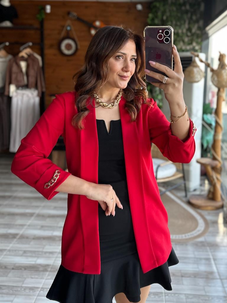 Şal Yaka Mevsimlik Astarsız Kol Zincir Detay Ceket Kırmızı