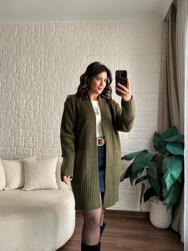 Salaş Örme Hırka Haki Yeşil