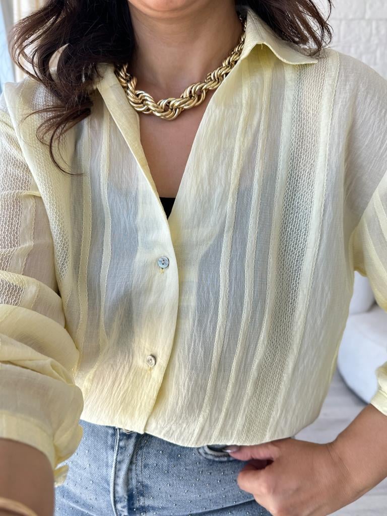 Sarı V Yaka Jakar Desenli Gömlek