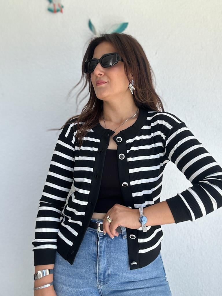 Sıfır Yaka Taş Düğmeli  Siyah Beyaz  Çizgili Pamuk Kaşkorse Hırka