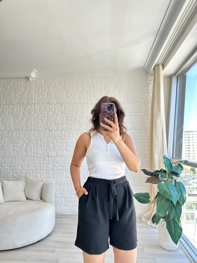 Siyah Özel Üretim Arka Bel Lastikli İthal Aerobin Şort