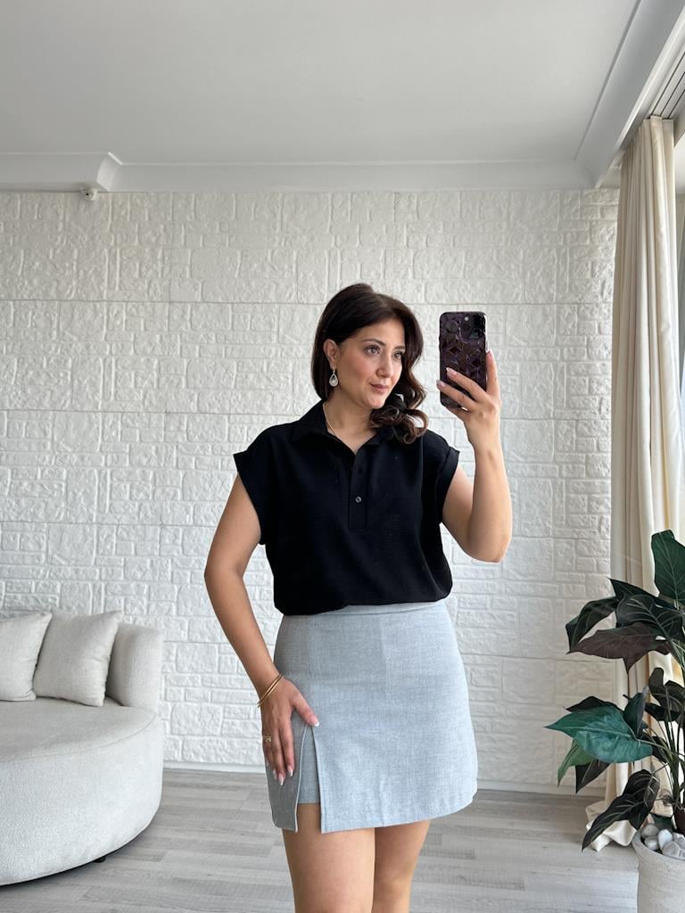 Siyah Özel Üretim İthal Aerobin Yaka Patlı Gömlek