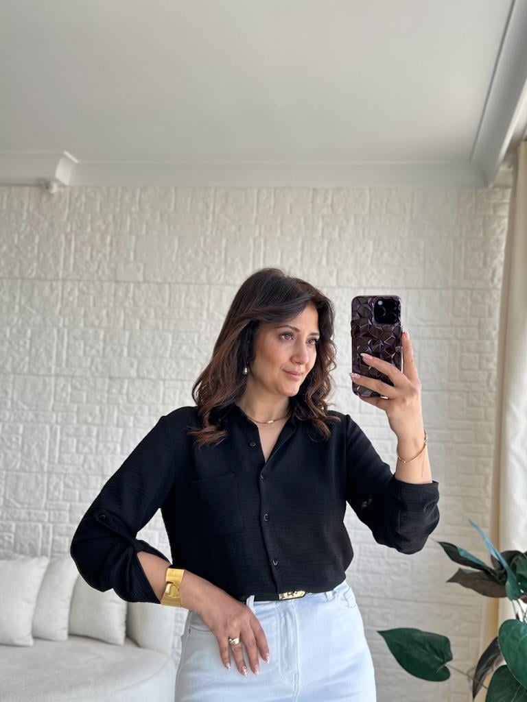 Siyah Özel Üretim Kol Düğme Detaylı Cepli İthal Aeronin Gömlek