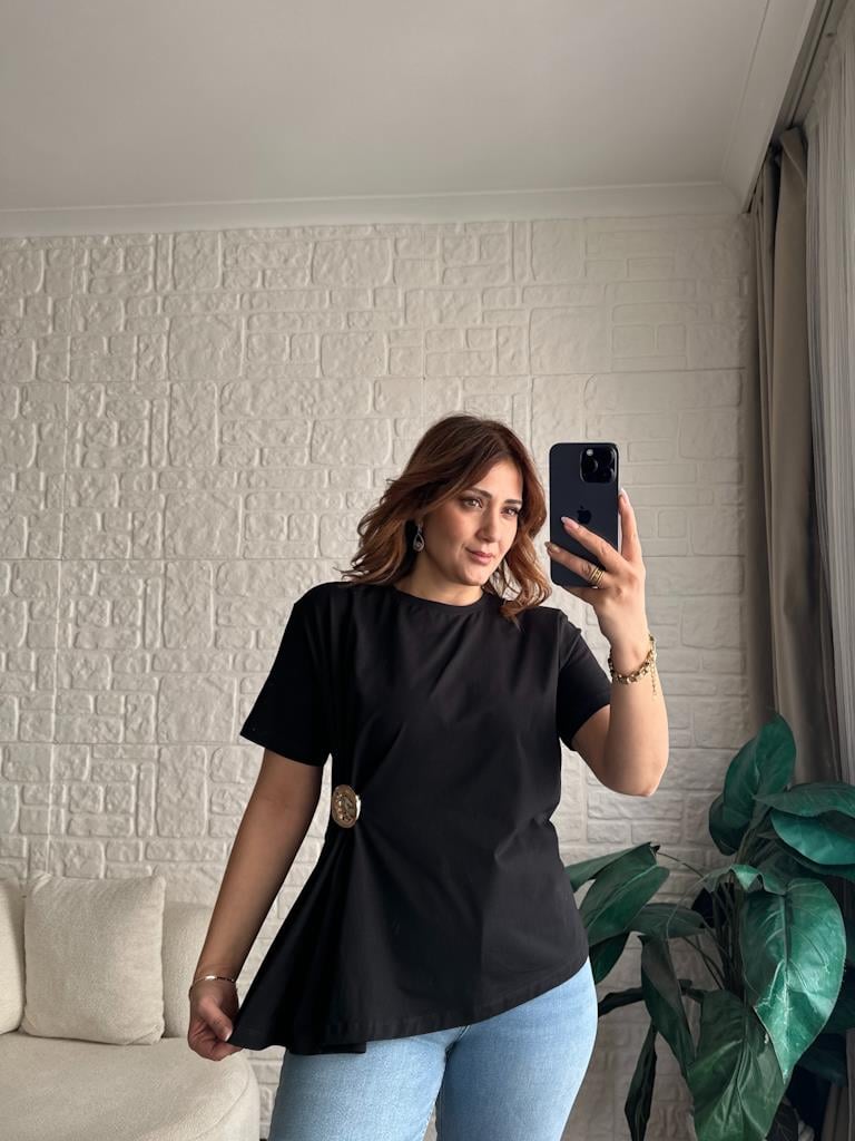 Siyah Premium Önü Pileli Tokalı Bluz