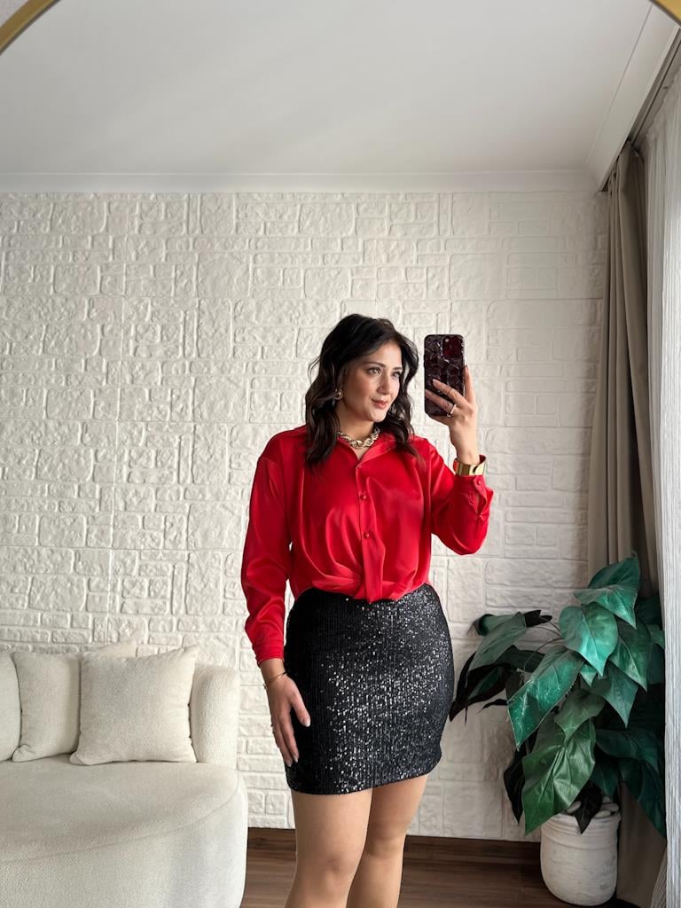 Siyah Pul Payet Detaylı Beli Lastikli Likralı Etek