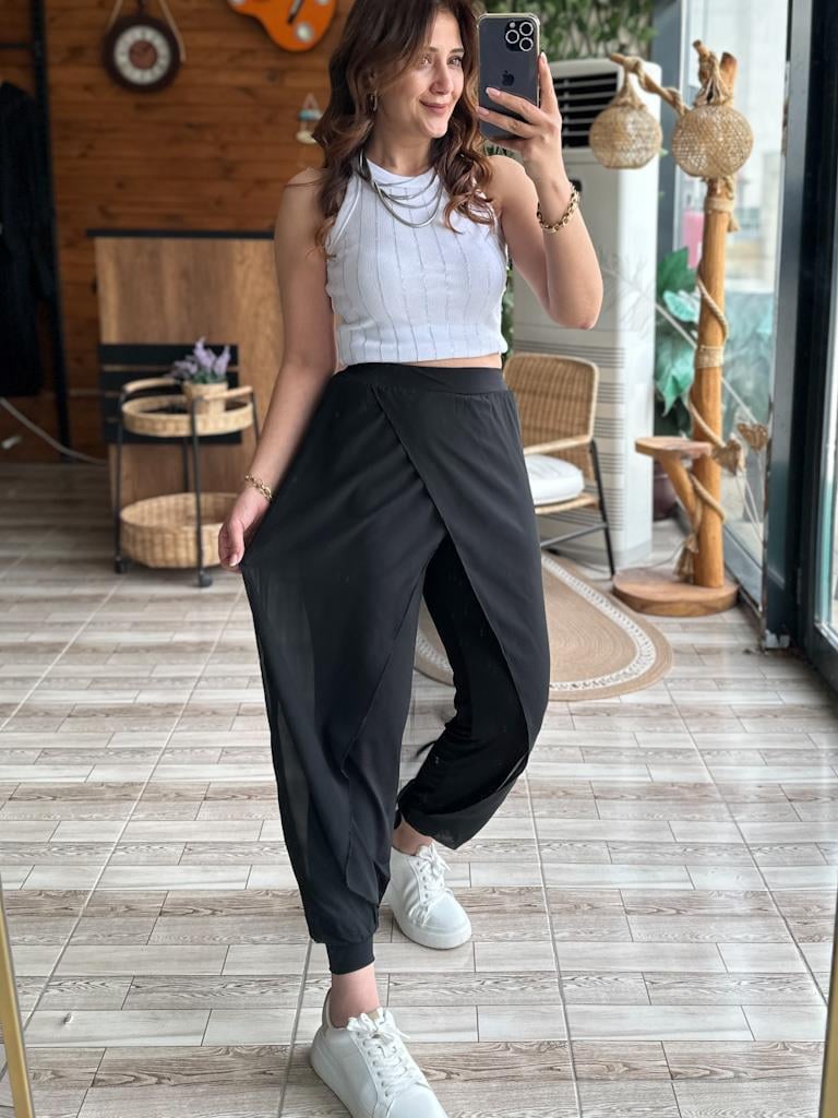 SİYAH ÜSTÜ TÜL BELİ LASTİKLİ ŞALVAR MODEL PANTOLON