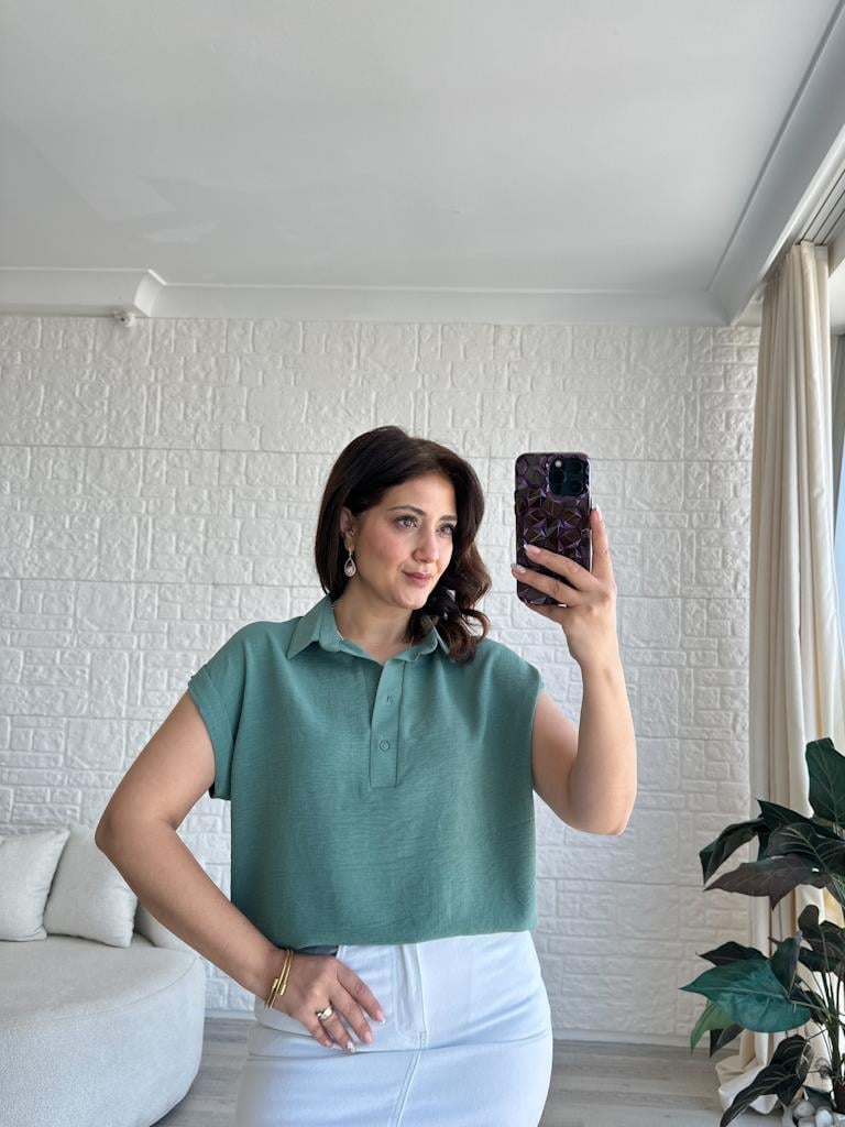 Su Yeşili Özel Üretim İthal Aerobin Yaka Patlı Gömlek