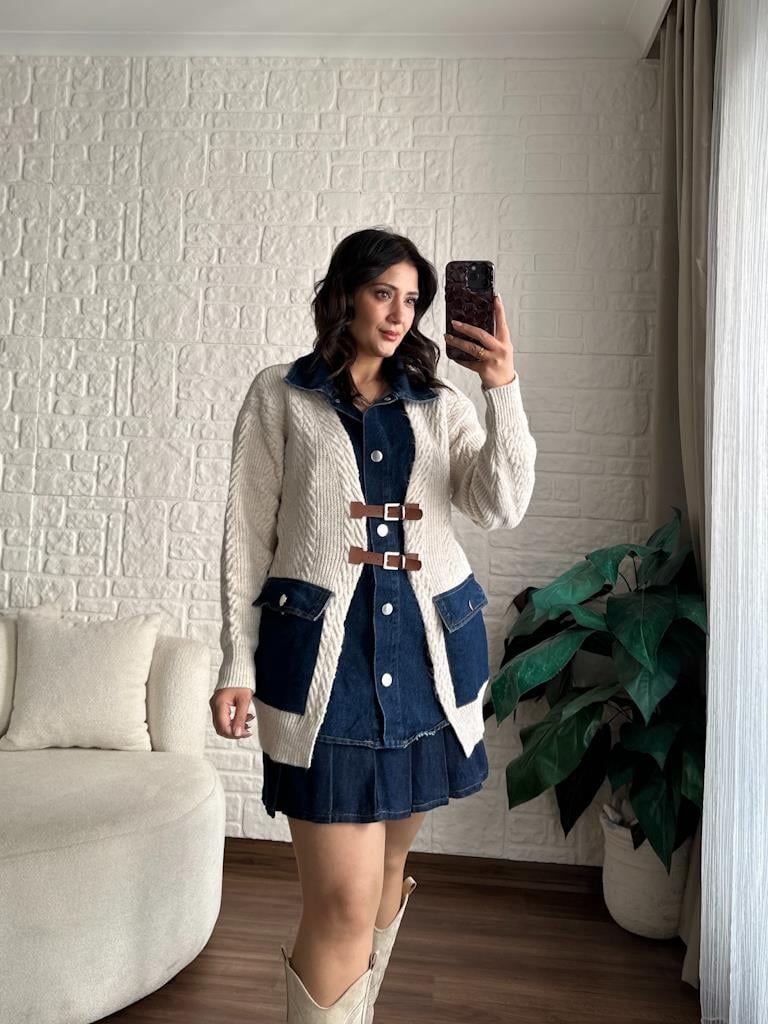 Taş Denim Garnili Deri Kemer Detay Oversize Örme Hırka