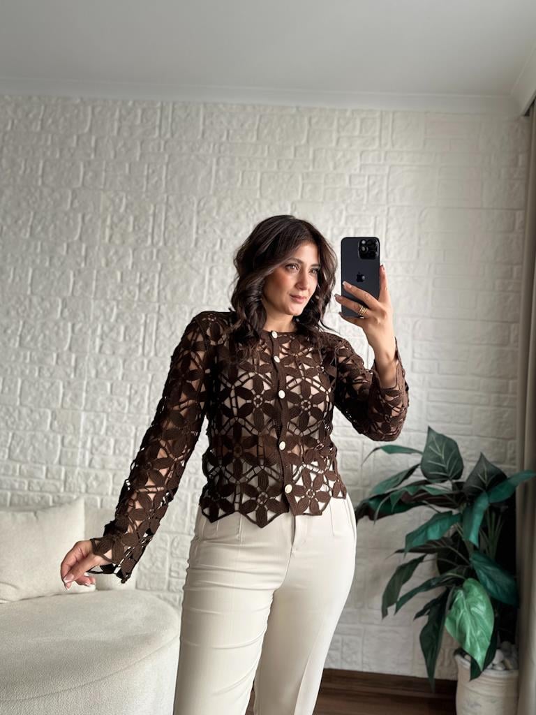 Tasarım Gold Düğme Detay Premium Örme Hırka Kahverengi