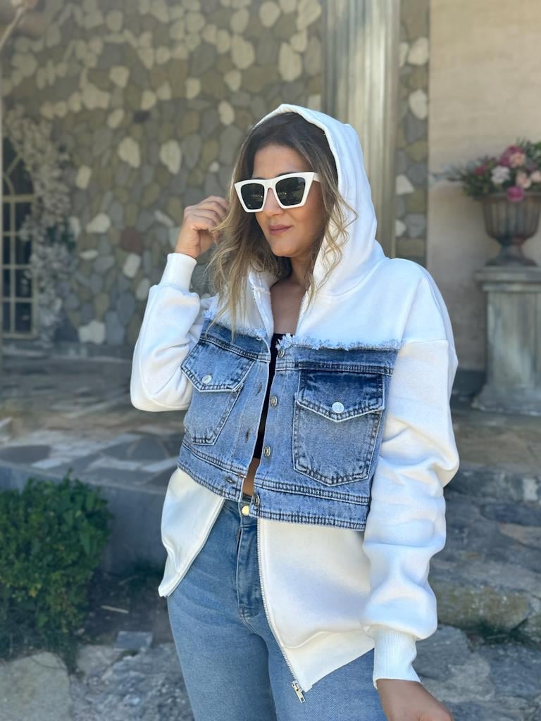 Tasarım Önü Kot Ceket Detaylı Sweatshirt Ekru