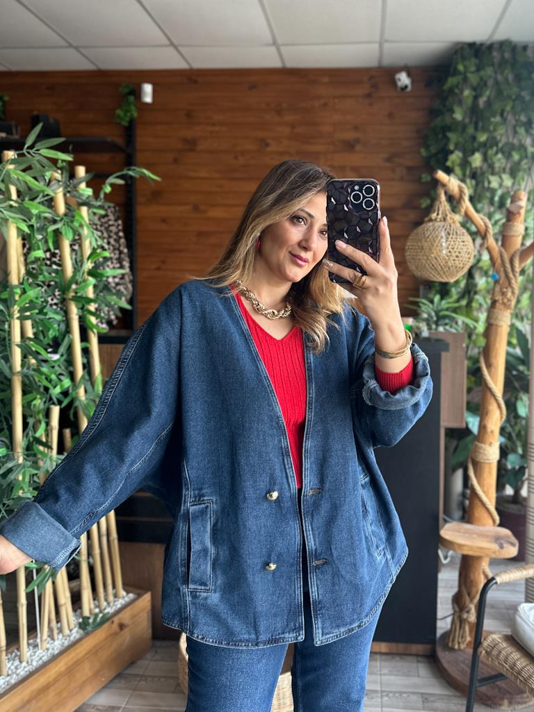 Tasarım Oversize Yarasa Kollu Ceket Koyu Mavi