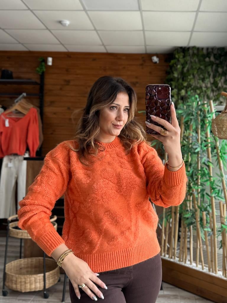 Turuncu Simli Kabartma Desen Triko Kazak