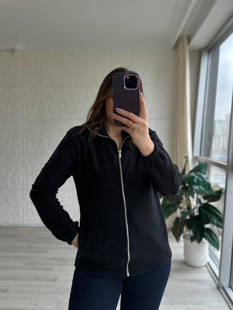 Unisex Model Fermuarlı Polar Sweatshirt Siyah