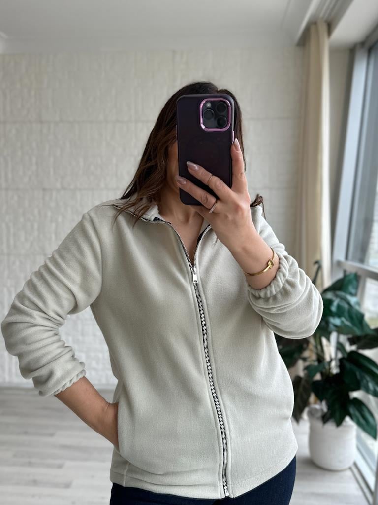 Unisex Model Fermuarlı Polar Sweatshirt Bej