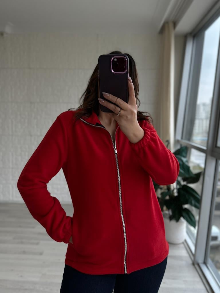Unisex Model Fermuarlı Polar Sweatshirt Kırmızı