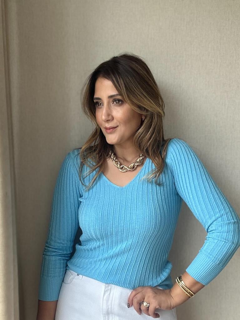 V Yaka Full Likralı Triko Bluz Mavi