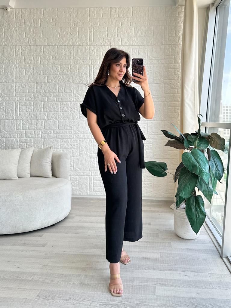 V Yaka Önü Düğmeli Aerobin Tulum Siyah