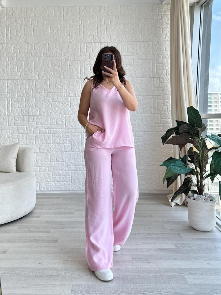 V Yaka Tensel Kumaş Palazzo Takım Pembe