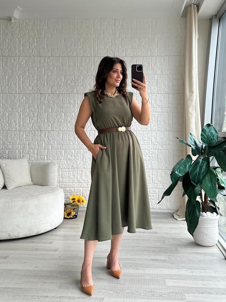 Vatkalı Kolsuz Elbise Haki Yeşil