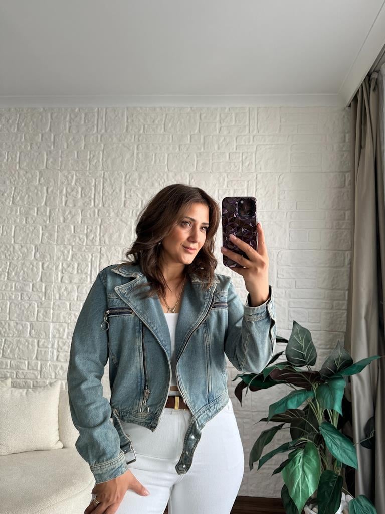 Vintage Model Fermuar Kaplamalı Kot Ceket