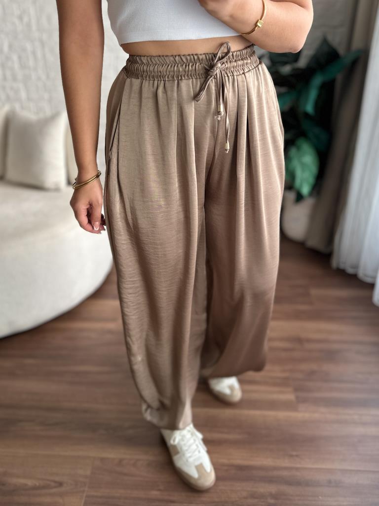Vizon Bel Bağcıklı Saten Şalvar Pantolon