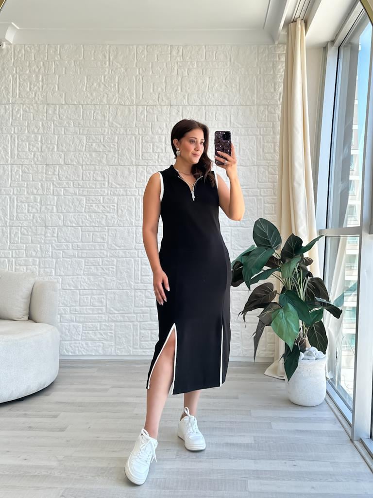 Yaka Fermuarlı Çift Yırtmaçlı Modal Kumaş Elbise Siyah