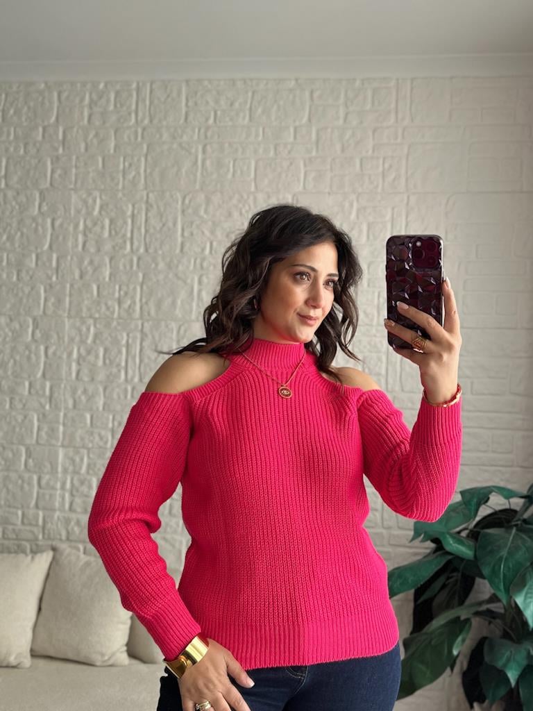 Yarım Balıkçı Omzu Açık Selanik Örme Triko Kazak Pembe