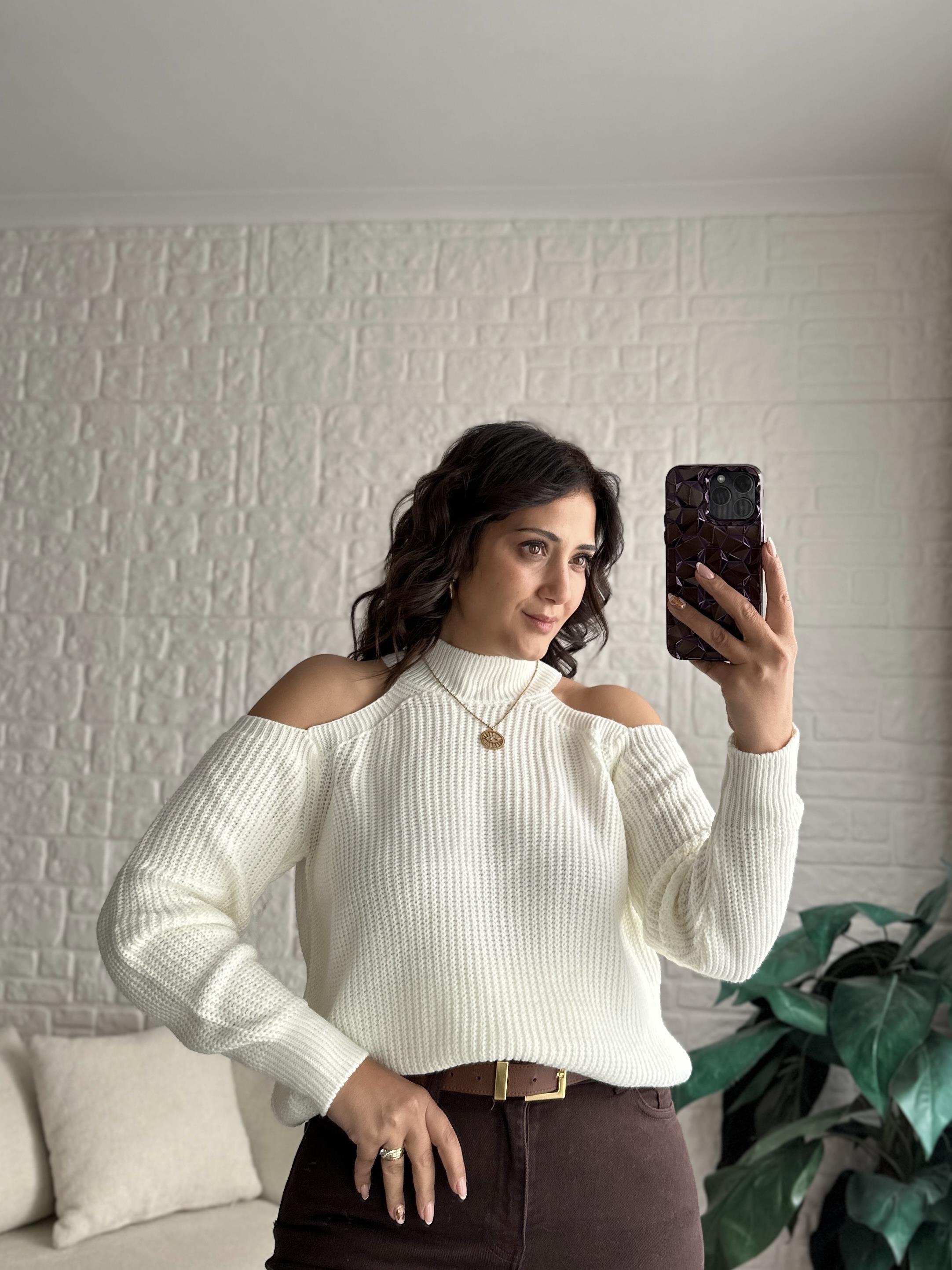 Yarım Balıkçı Omzu Açık Selanik Örme Triko Kazak Ekru