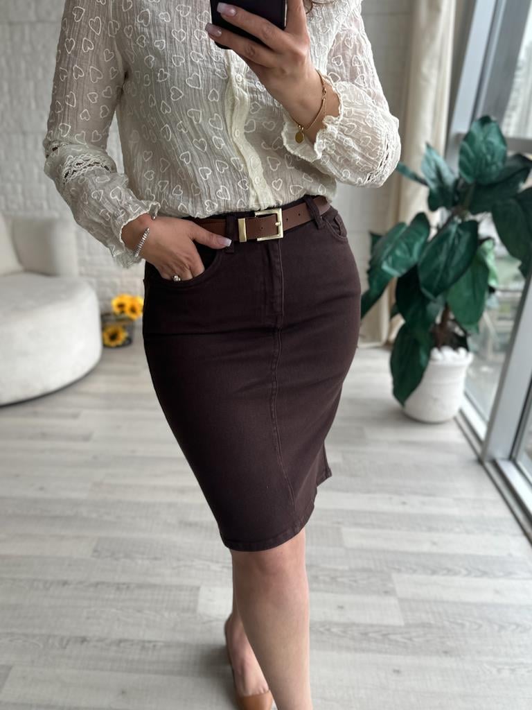 Yüksek Bel Likralı Jean Etek Kahverengi