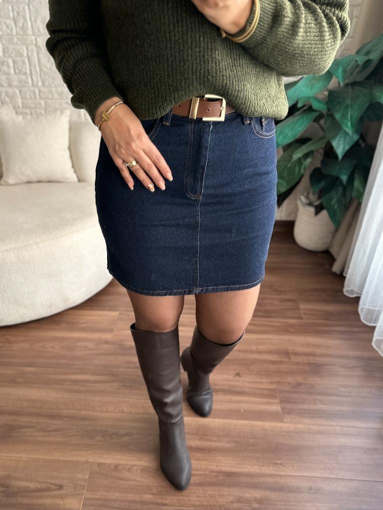 Yüksek Bel Likralı Jean Mini Etek