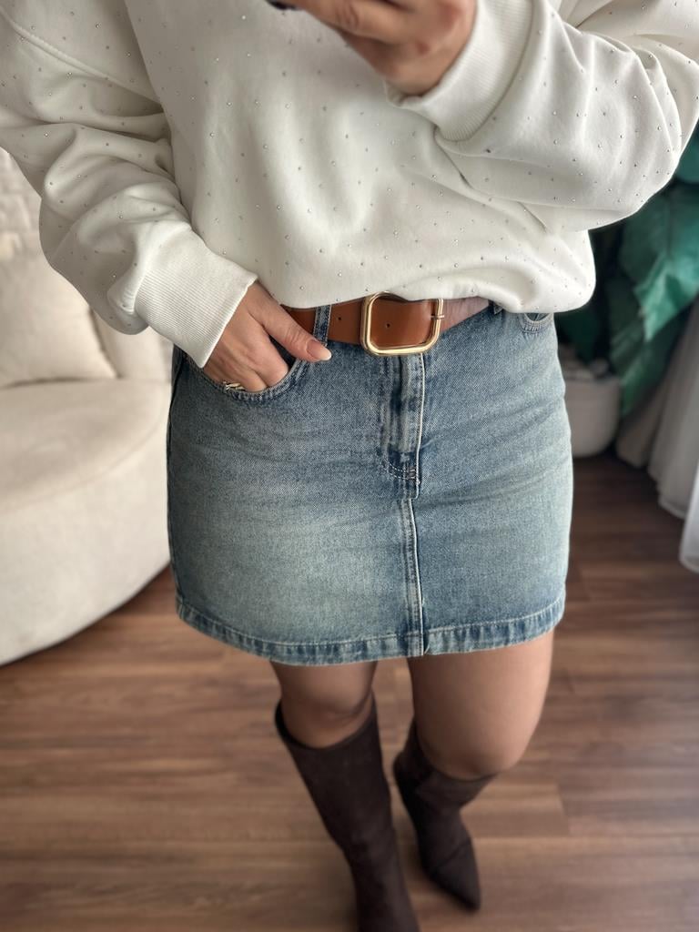 Yüksek Bel Likralı Jean Mini Etek Eskitme