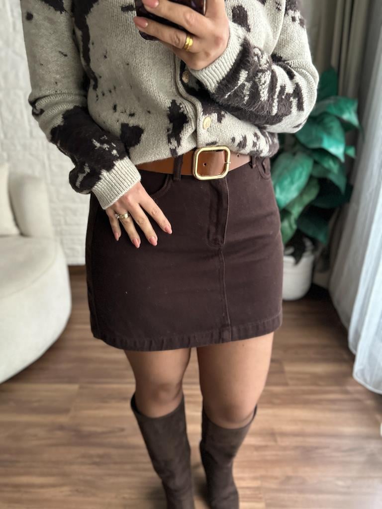 Yüksek Bel Likralı Jean Mini Etek Kahverengi