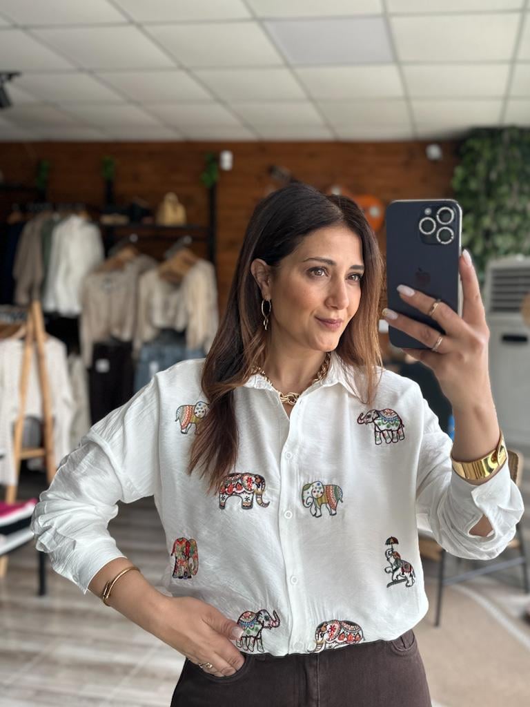 AEROBİN KETEN FİL NAKIŞ İŞLEMELİ SALAŞ GÖMLEK