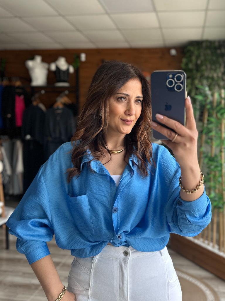 Aerobin Keten Salaş Tek Cep Detay Gömlek Mavi