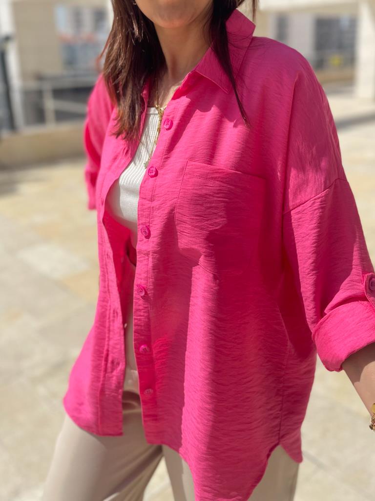 Aerobin Keten Salaş Tek Cep Detay Gömlek Fuşya