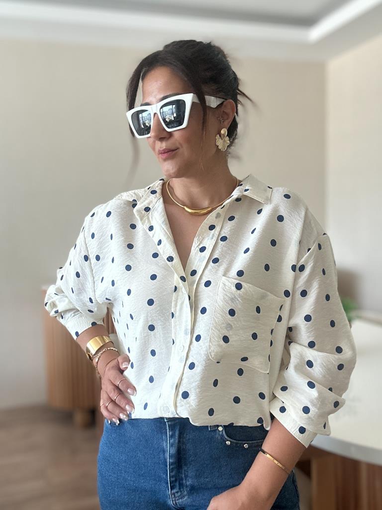 Aerobin Kumaş Lacivert Puantiyeli Salaş Gömlek