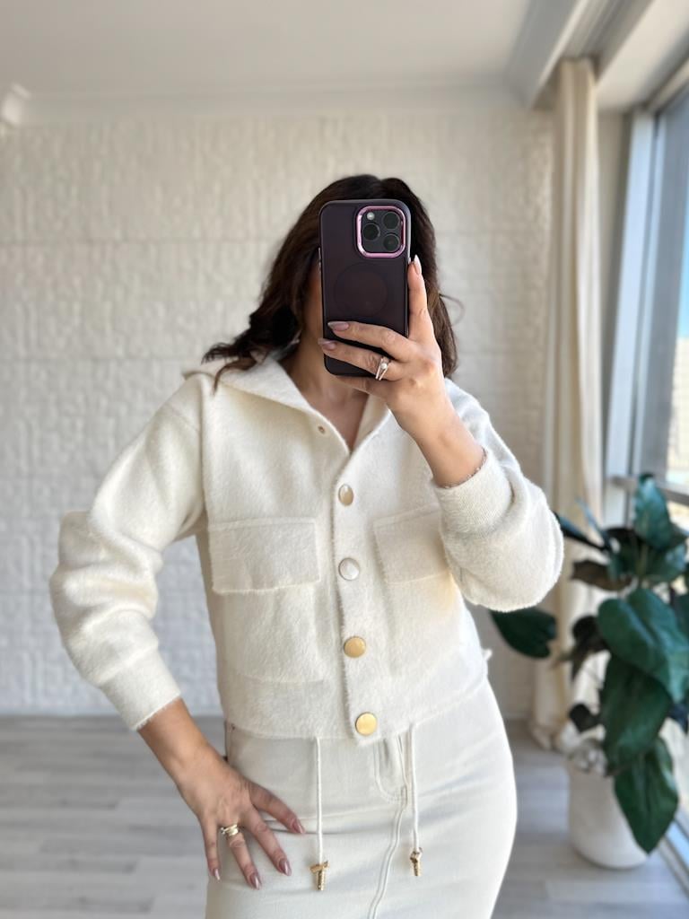 Angora Kapşonlu Düğmeli Hırka Krem