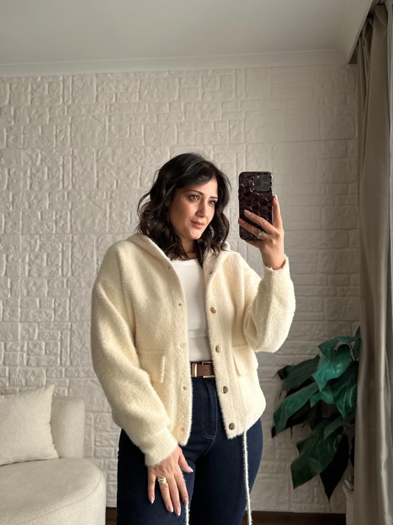 Angora Kapşonlu Triko Ceket Krem