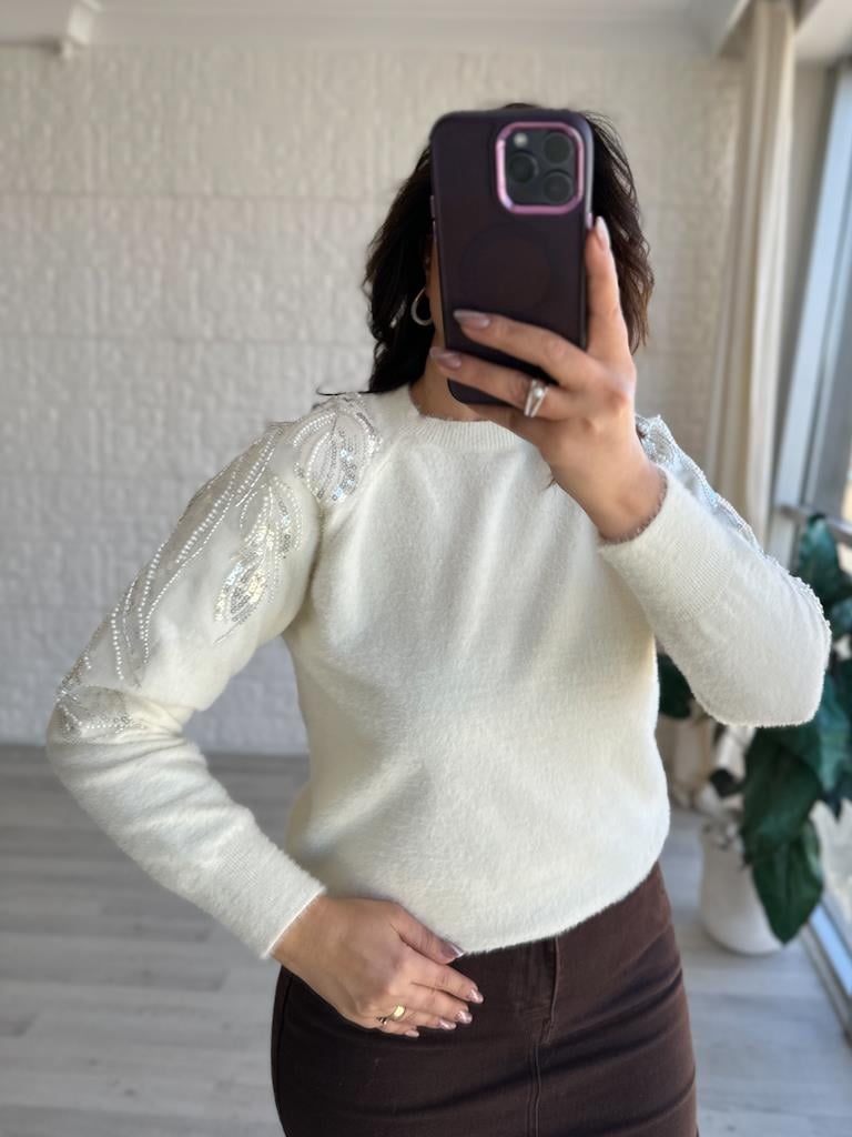 Angora Omuz Boncuklu Kazak Krem