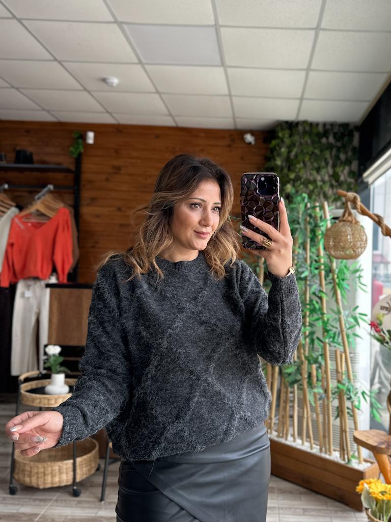 Antrasit Bisiklet Yaka Kabartma Desenli Triko Kazak