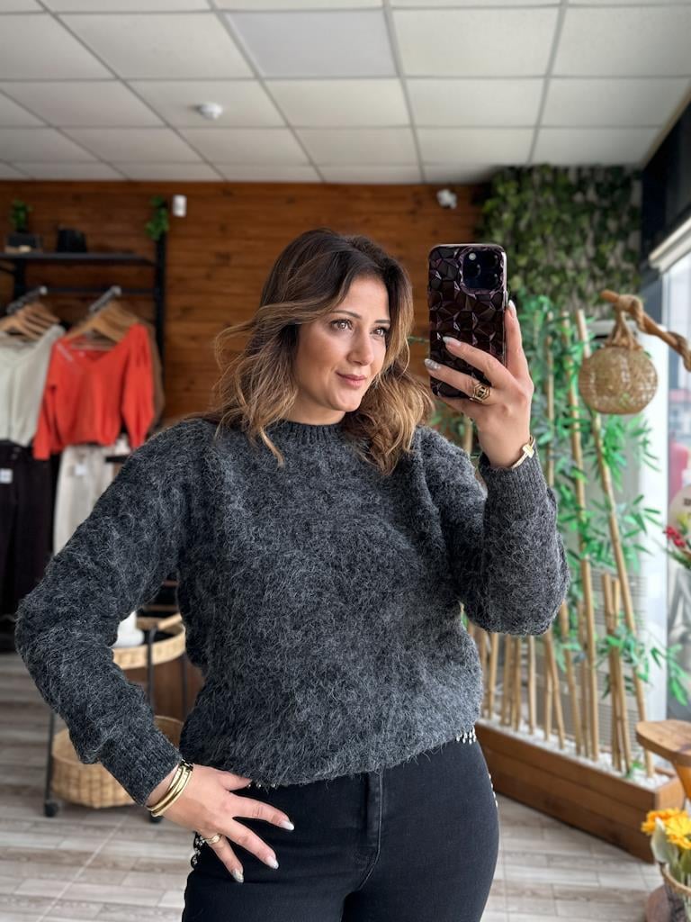 Antrasit Simli Kabartma Desen Triko Kazak