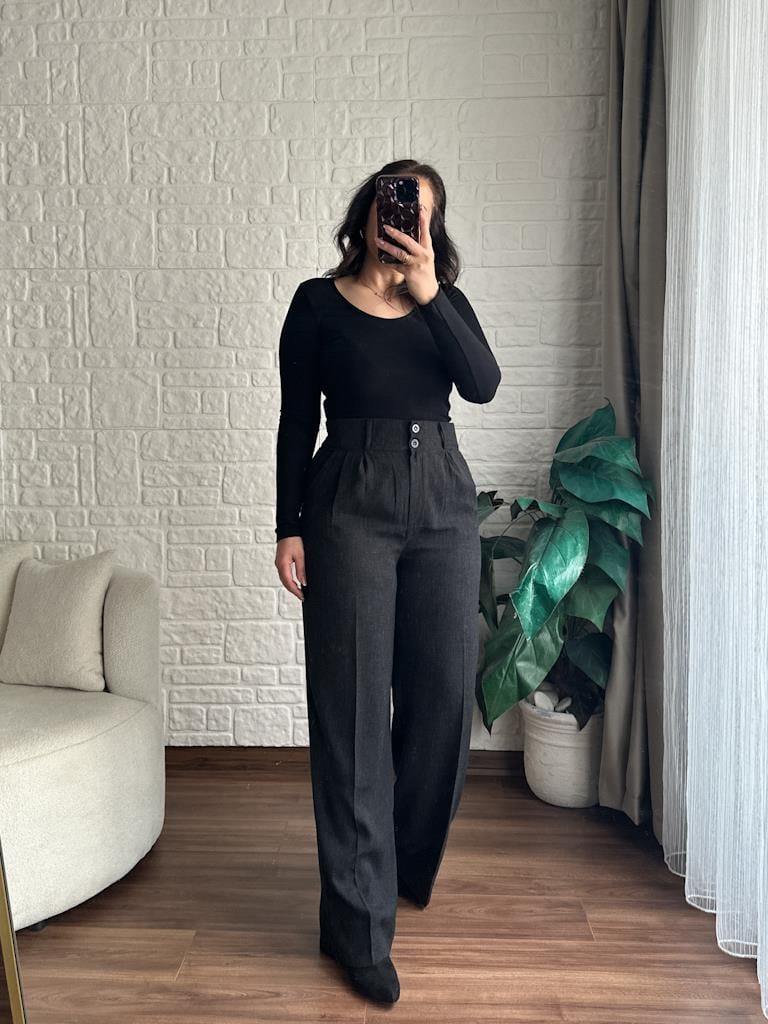 Arka Bel Lastikli Pensli Keten Palazzo Pantolon Antrasit