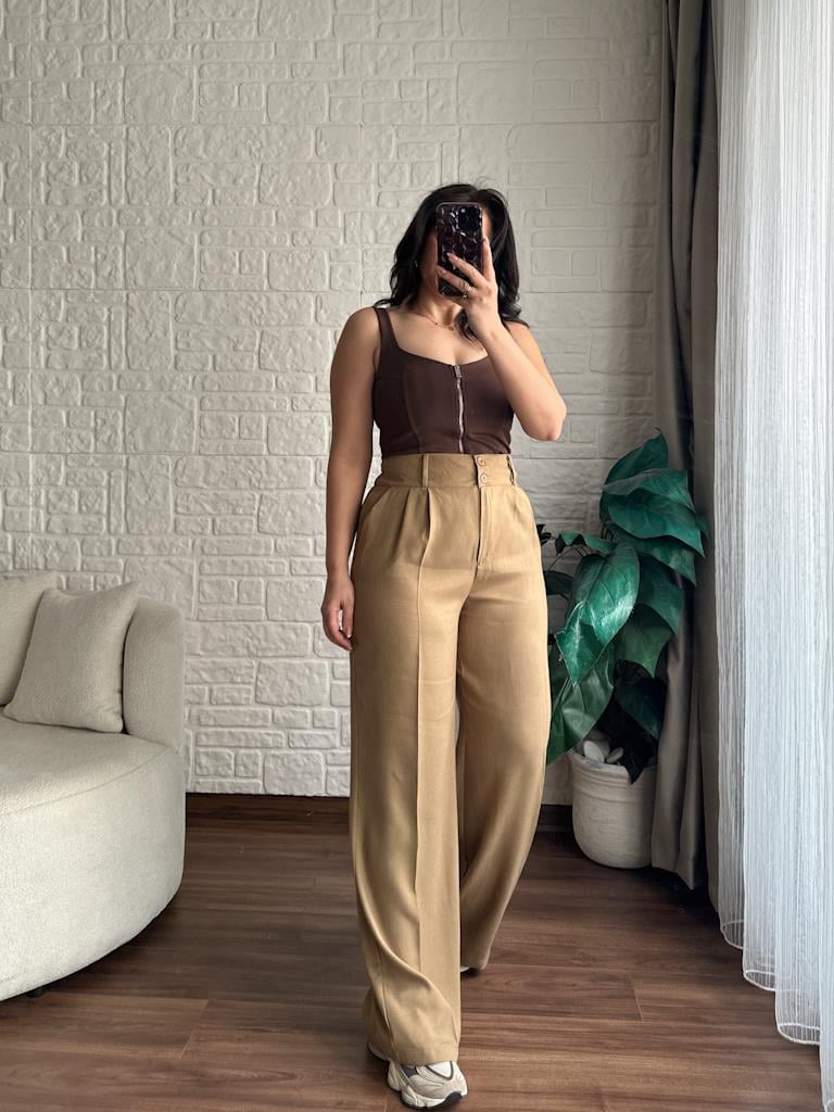 Arka Bel Lastikli Pensli Keten Palazzo Pantolon Bej