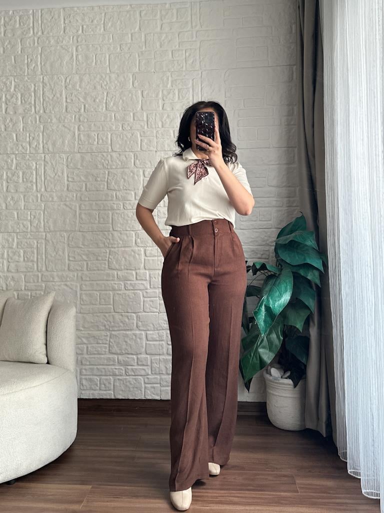 Arka Bel Lastikli Pensli Keten Palazzo Pantolon Kahverengi