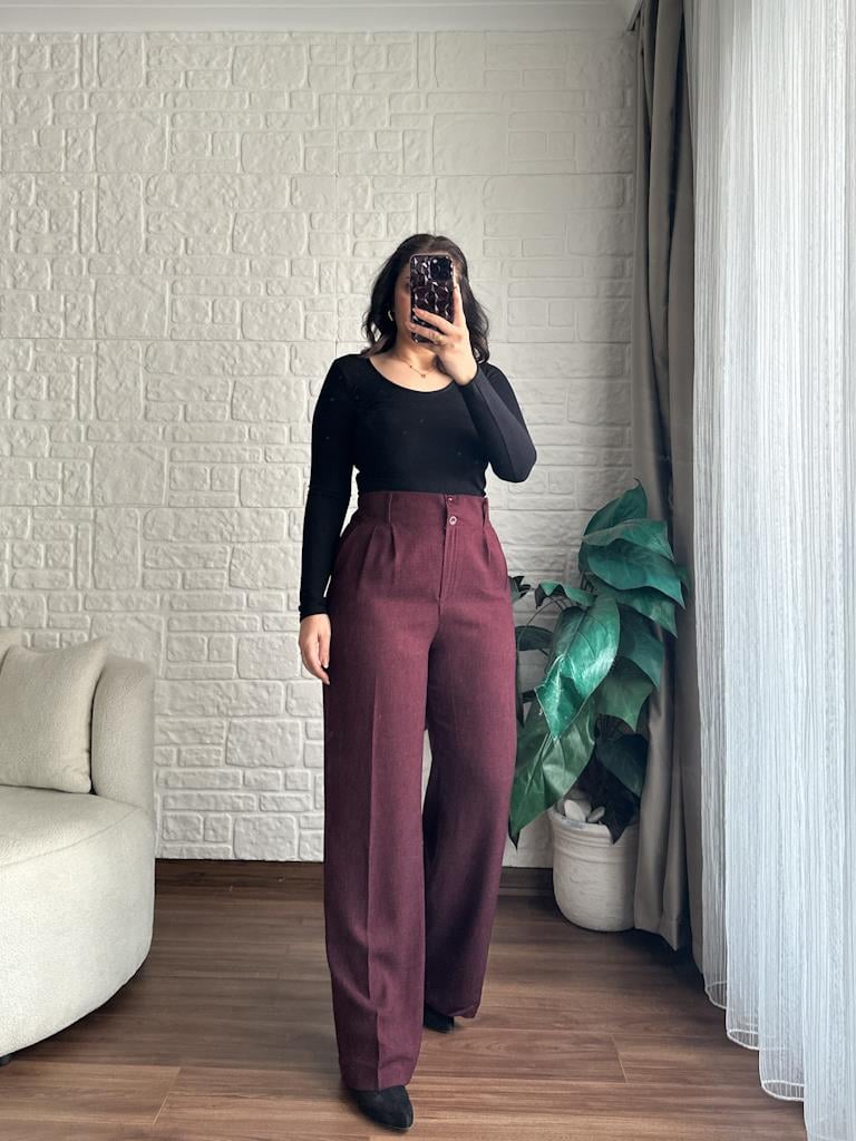 Arka Bel Lastikli Pensli Keten Palazzo Pantolon Mürdüm