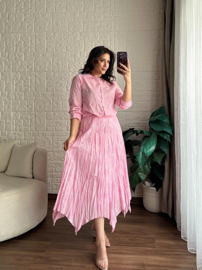 Asimetrik Kesim Etek Önü Düğümlü Gömlek Takım Pembe