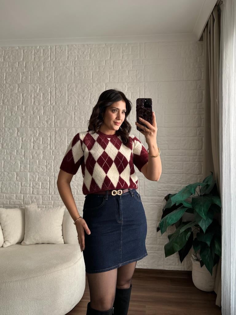 Baklava Desenli Kısa Kol Yumoş Triko Kazak