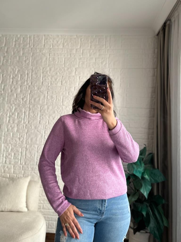 Balıkçı Yaka Kırçıllı Model Lila Pamuk Bluz