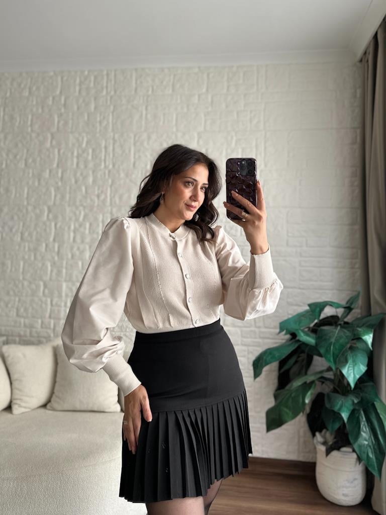 Balon Kol Önü Düğmeli Çelik Örme Bluz Hırka Taş