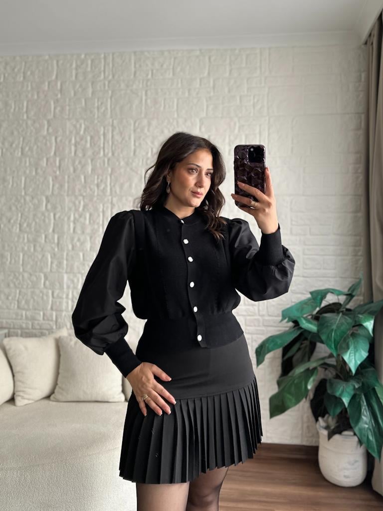 Balon Kol Önü Düğmeli Çelik Örme Bluz Hırka Siyah